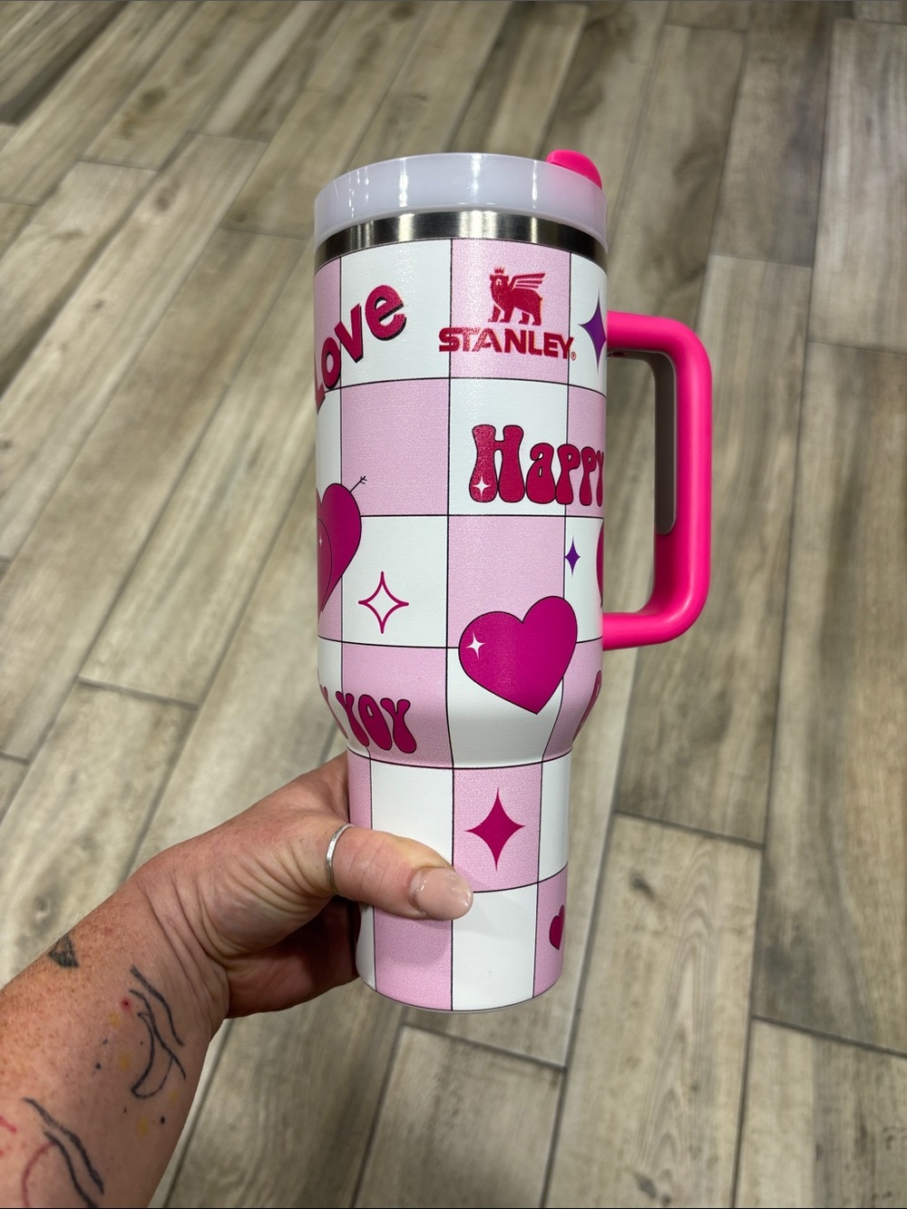 Stanley Pink and White Heart-Print Insulated Travel Mug with Handle